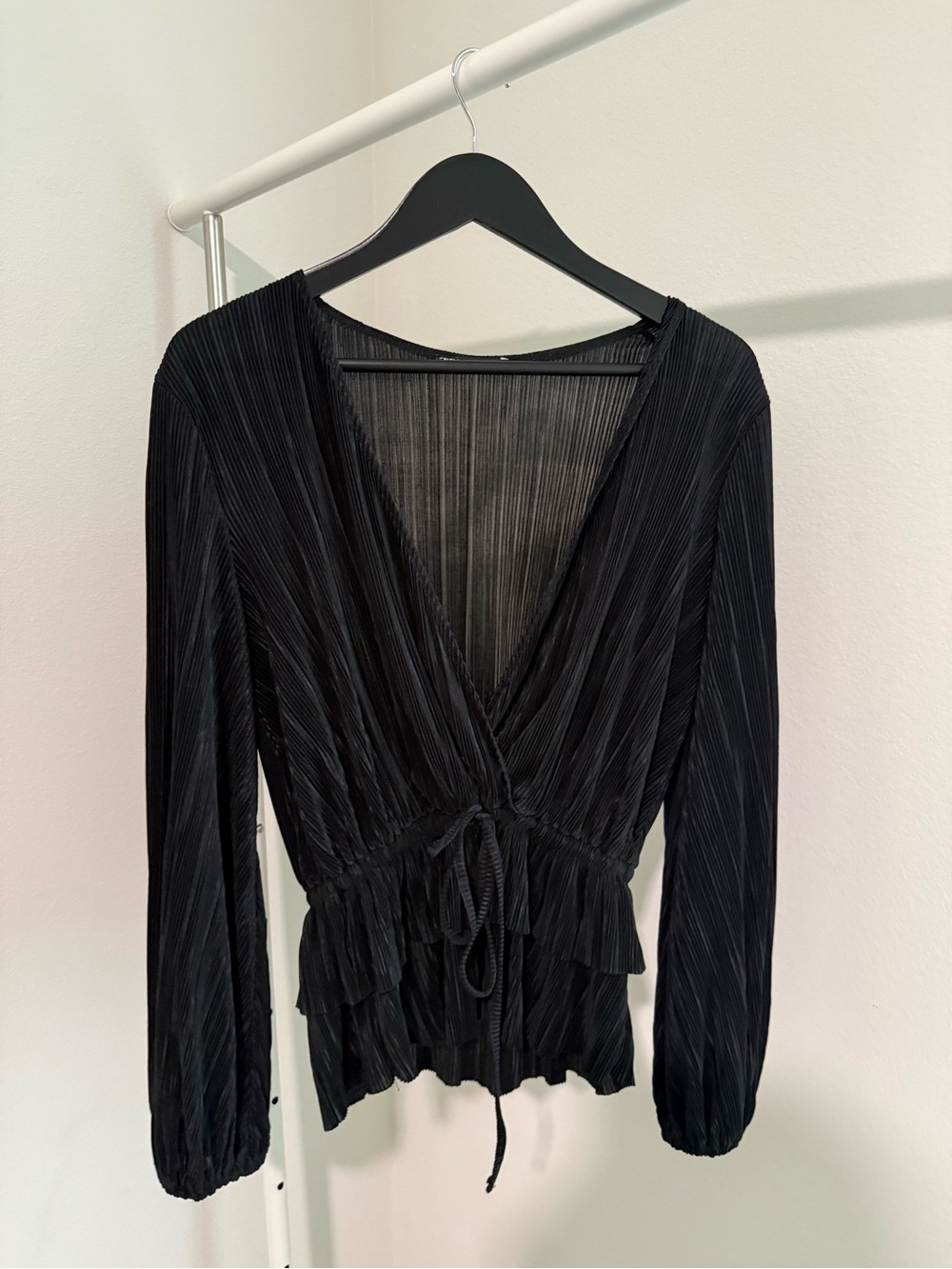 Zara Black Pleated Wrap-Front Blouse with Tie Waist